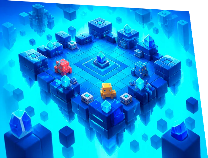 Arena azul formada por plataformas e blocos, com pequenos personagens.