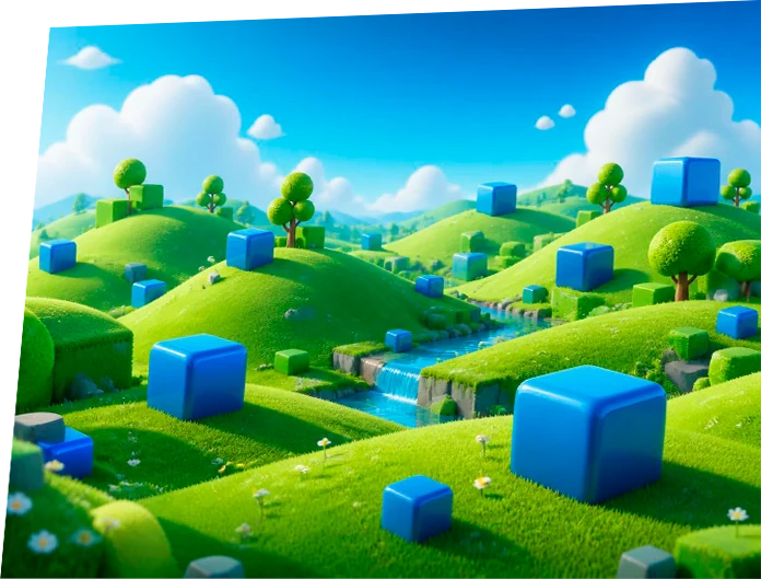 Arte conceito de um mundo aberto verde, com árvores, caminhos e cubos azuis.
